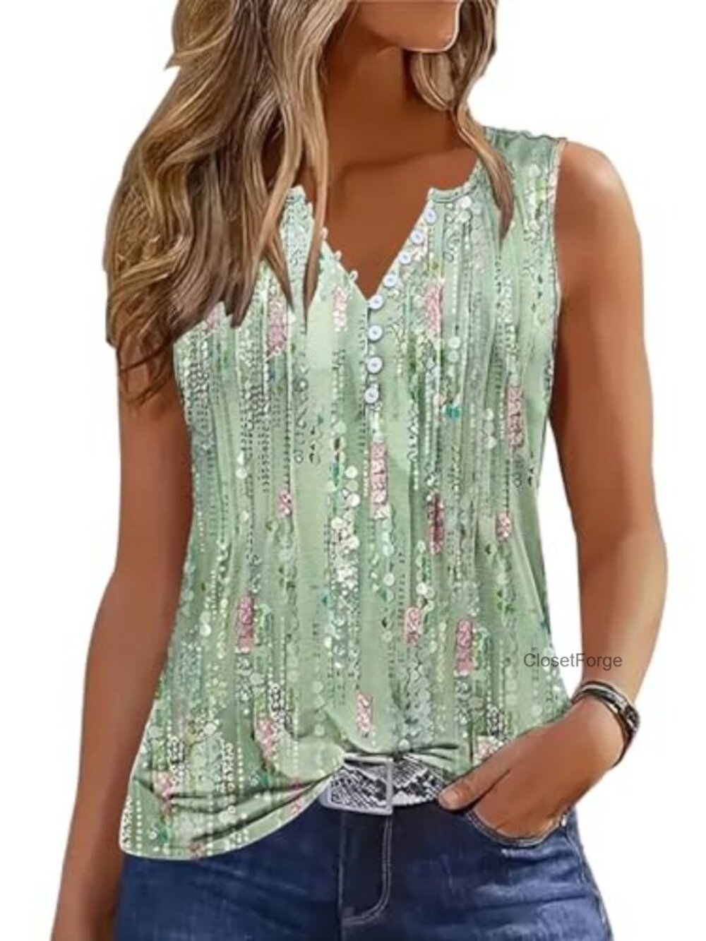 Women's Pleated Tank Top V-Neck Sleeveless Blouse Summer Stretch
